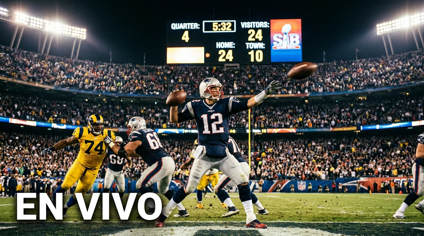 Jugada en directo de Super Bowl con multitud en estadio y marcador en pantalla gigante