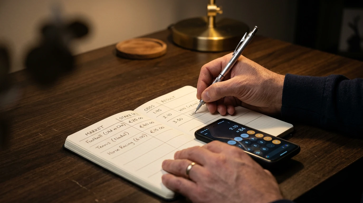 Persona revisando un registro de apuestas deportivas en un cuaderno, planificando la gestión del bankroll para el Super Bowl