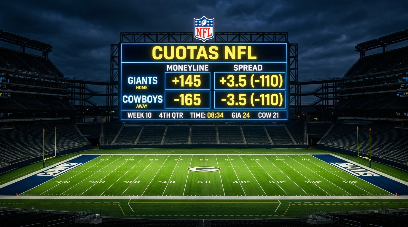 Tablero de cuotas NFL con moneyline y spread iluminado en estadio americano