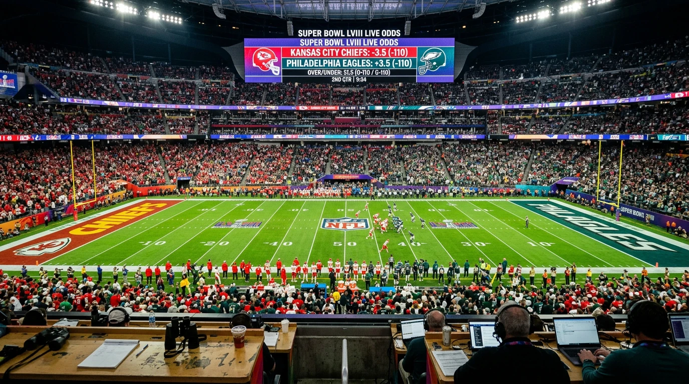Vista interior de un estadio de la NFL con pantalla gigante mostrando cuotas de apuestas al Super Bowl
