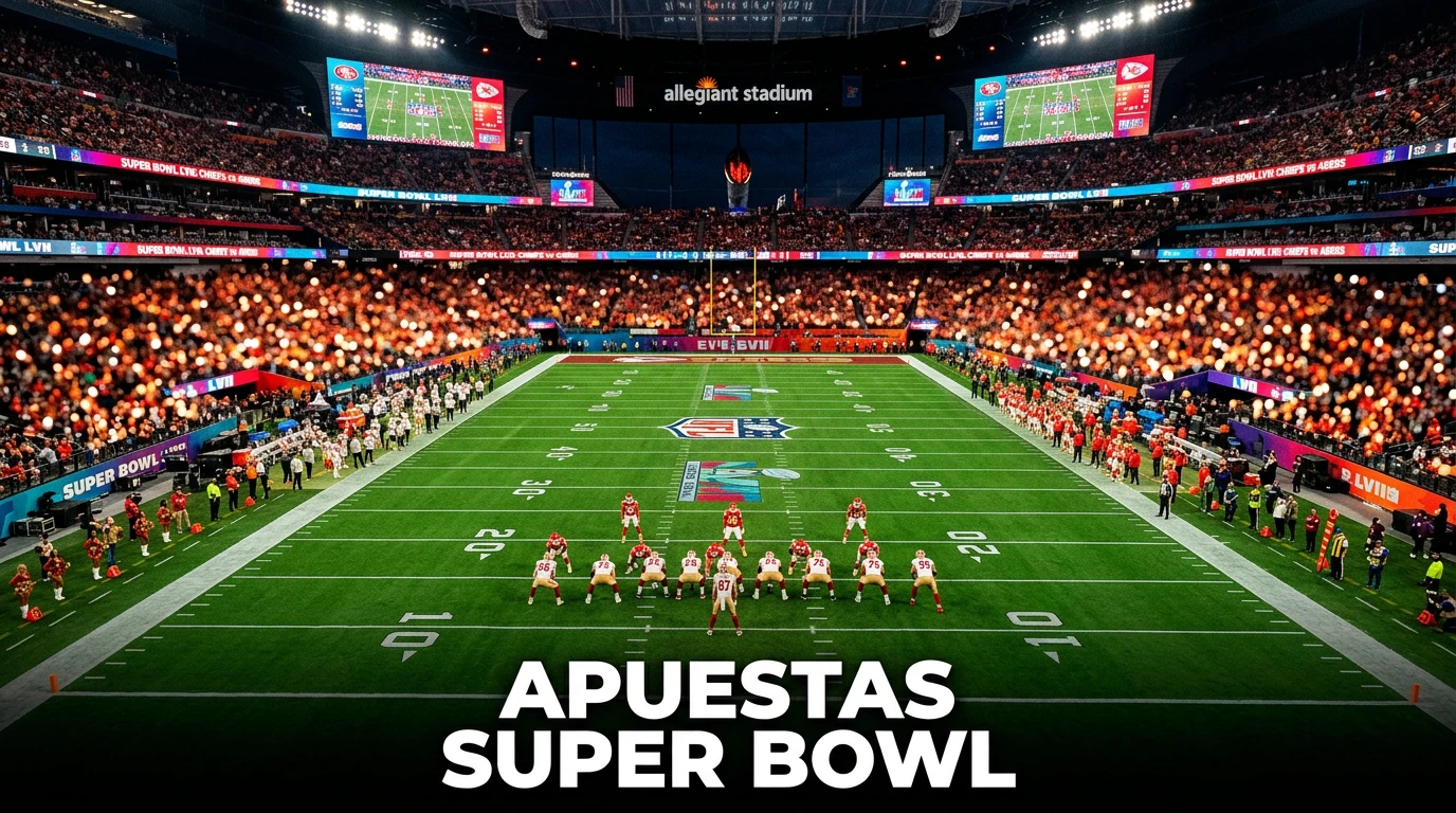 Estadio del Super Bowl con marcador electrónico y líneas de cuotas NFL en primer plano