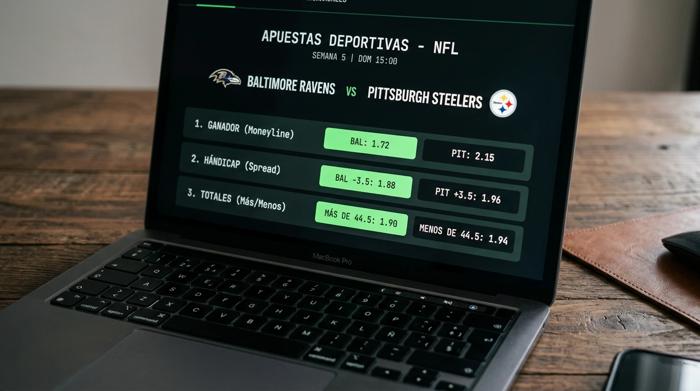 Pantalla de una casa de apuestas online mostrando los mercados moneyline, spread y over/under para el Super Bowl