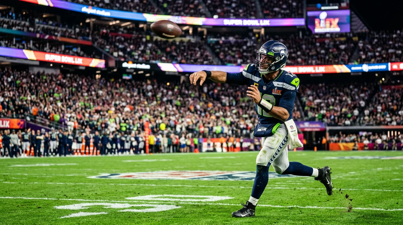 Quarterback de la NFL en acción durante el Super Bowl, mercados de player props en primer plano