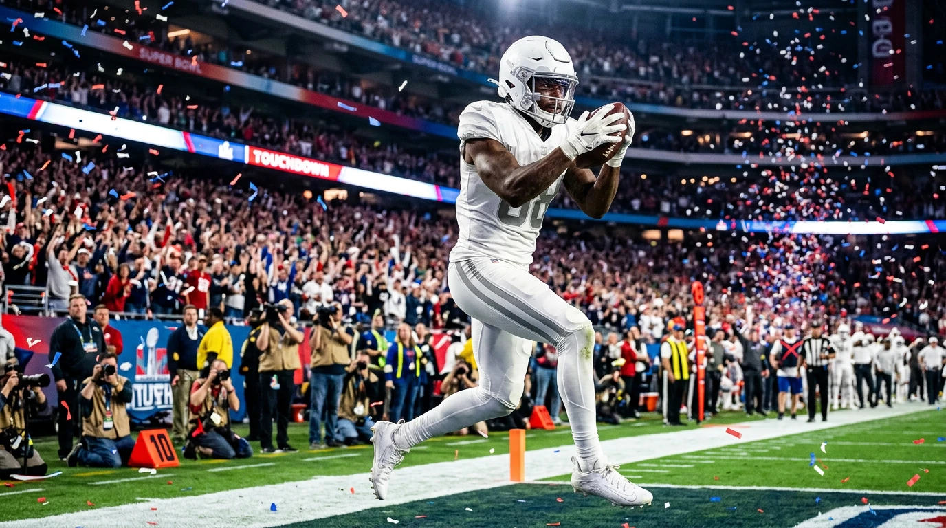 Jugador NFL en zona de anotación en partido de Super Bowl bajo luces de estadio